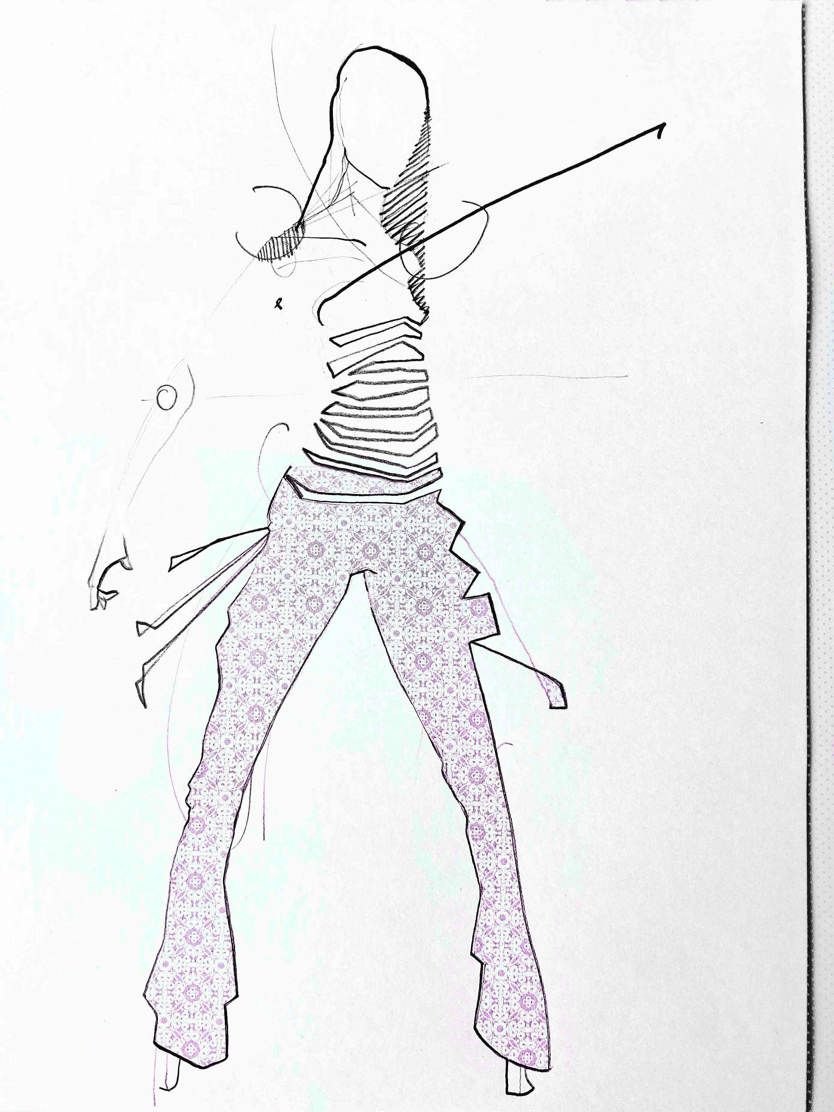 Konzeptionelles arbeiten mit einer Collage einer Entwurfzeichnunng für ein Outfit mit floral gemusteter Hose und illustriert aufgebrochenem, engen Top. Modezeichnung im Format A4 aus dem Studium Modedesign.